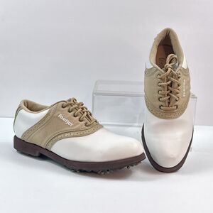 FootJoy GreenJoys Golf Shoes Womens 7 Medium Beige White Saddle Lace Up Spiked
